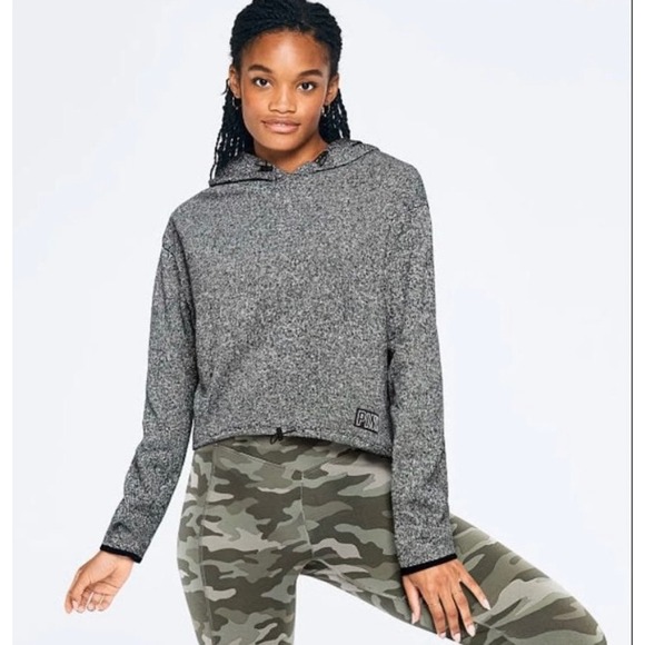 PINK Victoria's Secret Tops - PINK Victoria's Secret Gray Pullover Hoodie Drawstring Cropped Large